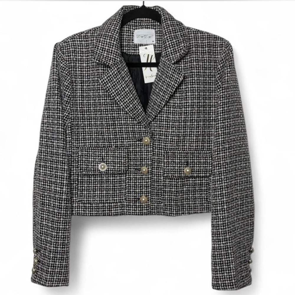 Dee Dee Cropped Tweed Blazer Jacket Black White Pink Pearl Buttons NWT